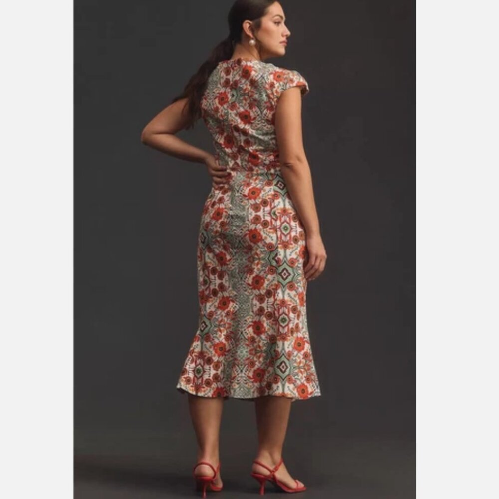 Anthropologie Cecily Fit & Flare Sweetheart Midi Dress ‎Orange Motif Floral L - Picture 2 of 14